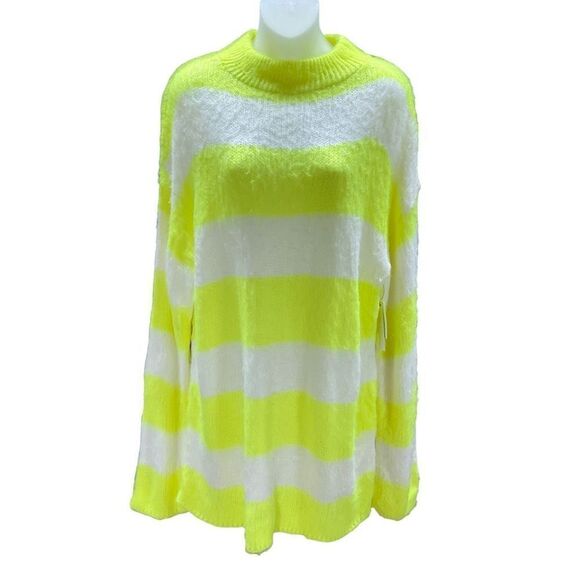 Abound Sweater Tunic Crew Neck Lime Green Cream Fuzzy Long Sleeve Medium - Picture 1 of 12
